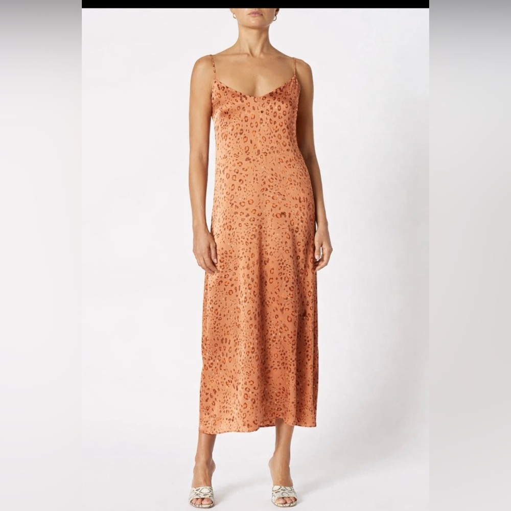 Scanlan Theodore Women Leopard Print Slip Midi Dress Orange Silk Sz 8 US Luxury - Picture 2 of 12